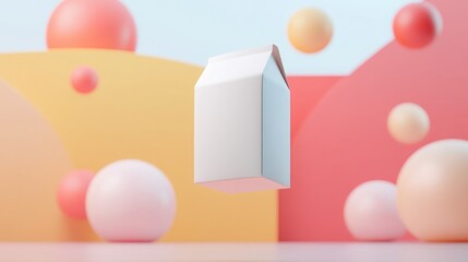 Fototapeta premium Single plain milk carton floating in mid-air against colorful abstract background