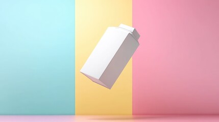 Single plain milk carton floating in mid-air against colorful abstract background