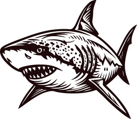 Hand drawn great white shark illustration in vintage engraving isolated on white background