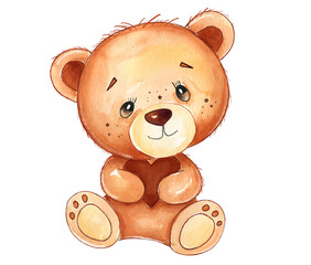 Cute Watercolor Sitting Teddy Bear with Heart