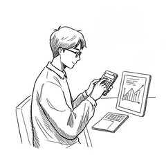 Young man concentrating while calculating data on a calculator with a digital graph displayed on a tablet, minimalist workspace background, concept of finance or education