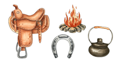 Watercolor Western Cowboy Elements Set