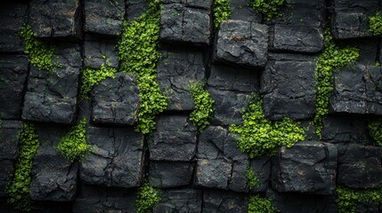 Dark stone wall with vibrant green moss