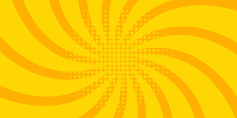 Abstract orange comic background. Art pop cartoon backdrop. Halftone effect pattern. Fun anime texture. Starburst manga style bg. Mark popart radial gradient. Spiral, swirl, comic rays.