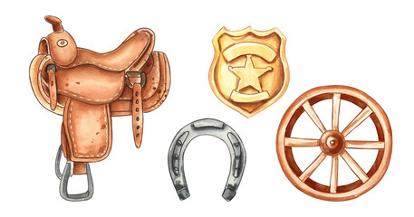 Watercolor Western Cowboy Elements Set