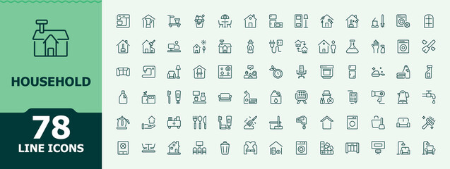 Household Appliances vector icon set. Pack of domestic, kitchen, washer, appliance and more. Household vector line icon set. Minimalist editable vector stroke. Vector collections.