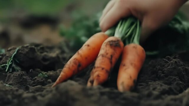 Harvesting fresh carrots by hand in lush garden soil