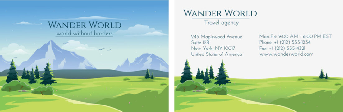 Vector gift travel voucher template. Mountain landscape, fields and meadows. Concept for summer vacation and travel agency. Banner, store coupon, certificate or flyer layout.