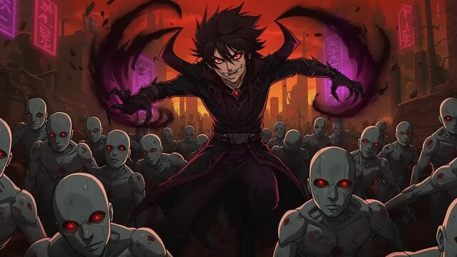 Dark fantasy scene depicting a villain wielding powers amidst a horde of eerie, emotionless figures