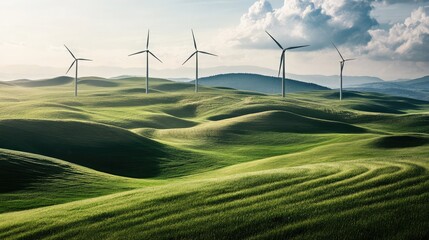 Wind turbines turning slowly on a rolling green hill under a bright blue sky