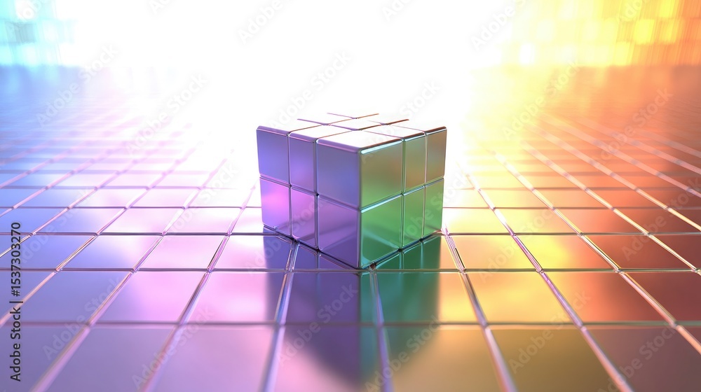 Poster a cube puzzle's final segment fitting into place to complete a multicolored grid
