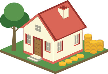Investing in Real Estate Illustrated by Isometric House, Stacked Coins, and Tree Representing Growth and Financial Security