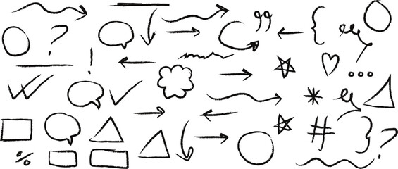 abstract hand drawn brush stroke arrow, underline, circle star, check mark, heart, scribble texture vector illustration.
