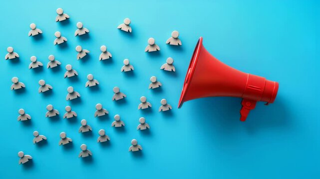 Amplifying success: red megaphone directs ascending white arrow on blue background