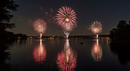 Obraz premium Vibrant Fireworks Display Over a Calm Lake at Night