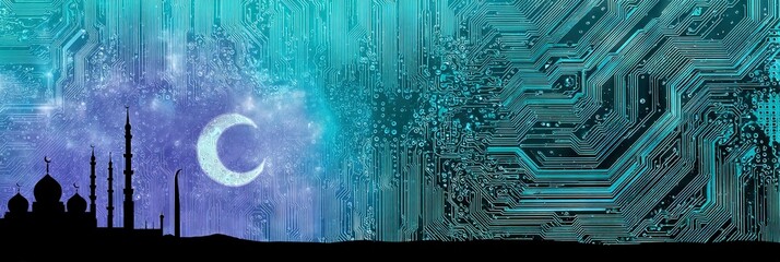 photo of eid al-fitr, isolated on circuitry background, copy space