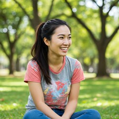 Fototapeta premium Smiling Young Woman Sitting on Grass in a Park