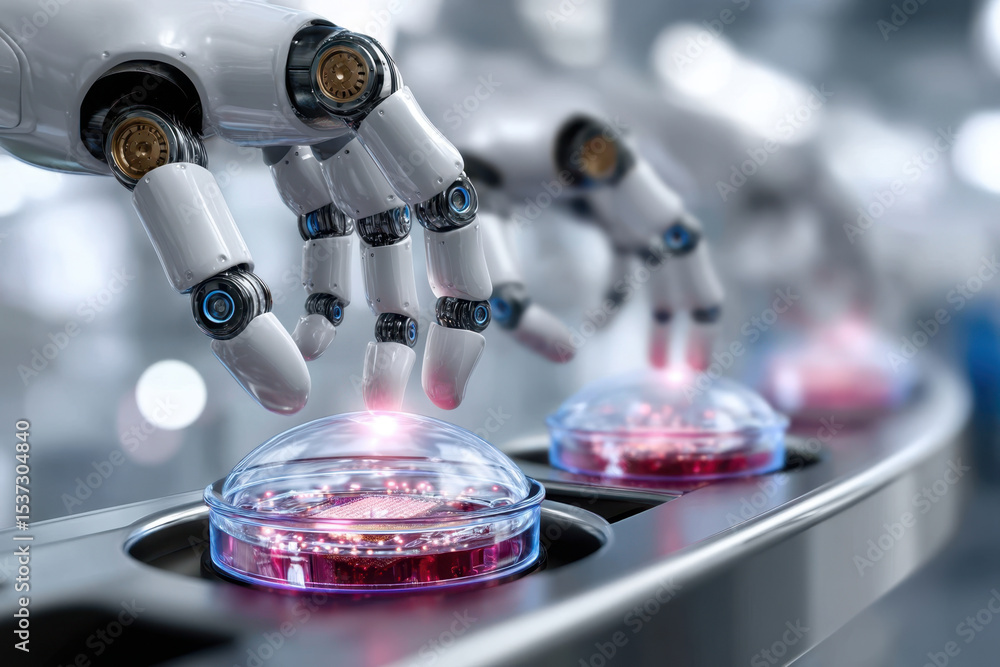 Aufkleber robotic hands interacting with glowing buttons on a futuristic assembly line