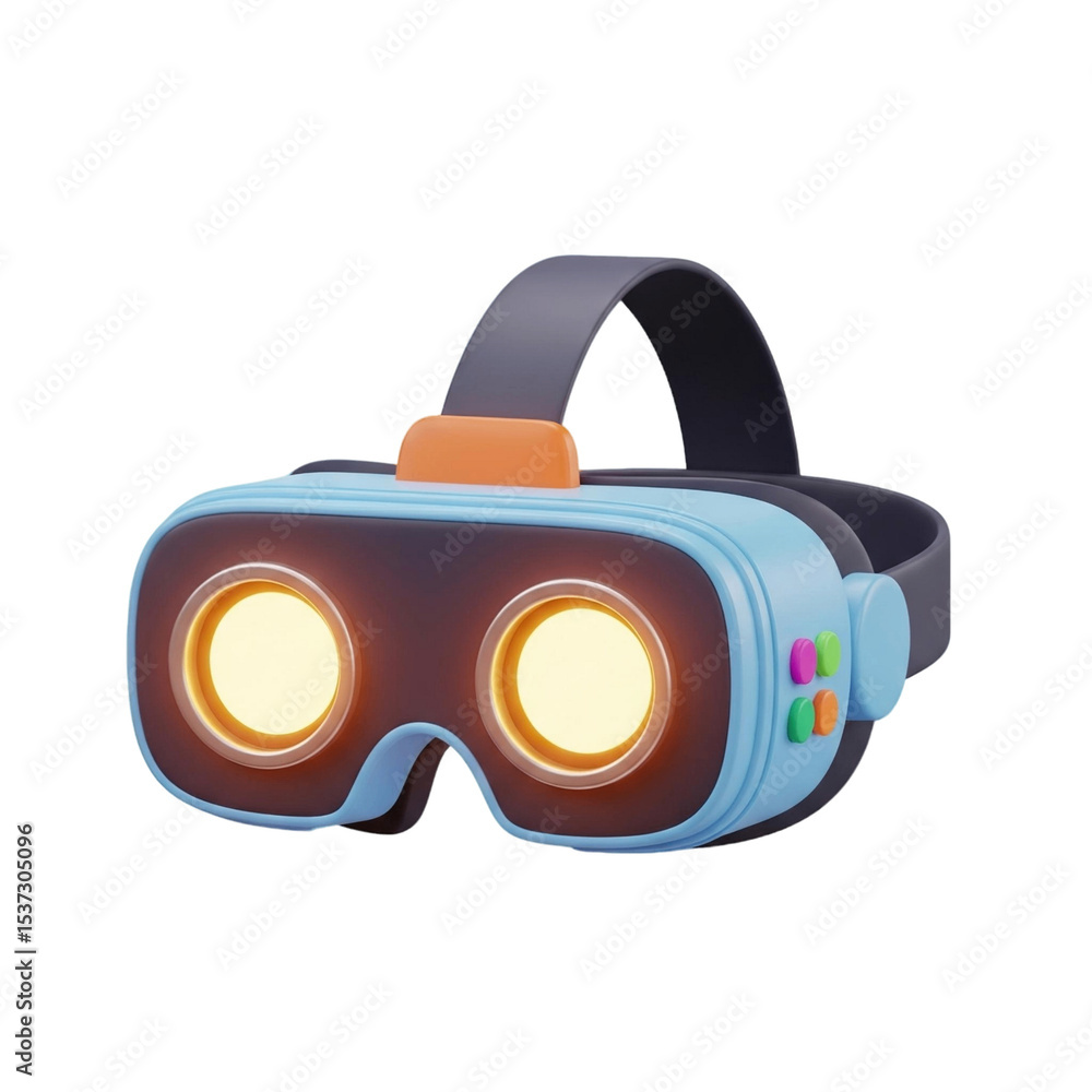Poster a cyan virtual reality headset with glowing lenses and colorful buttons in a digital illustration on