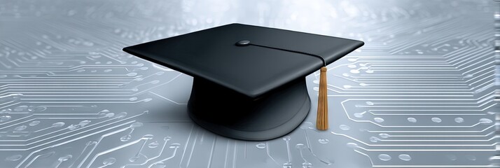 photo of graduation, isolated on circuitry background, copy space