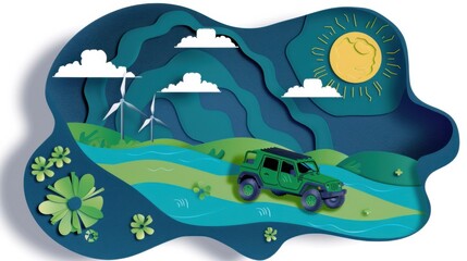 Obraz premium A conceptual view of Earth's renewable energy in sustainable mobile health units, illustrated in a mobile health vitality art style, Simplified paper art illustration of