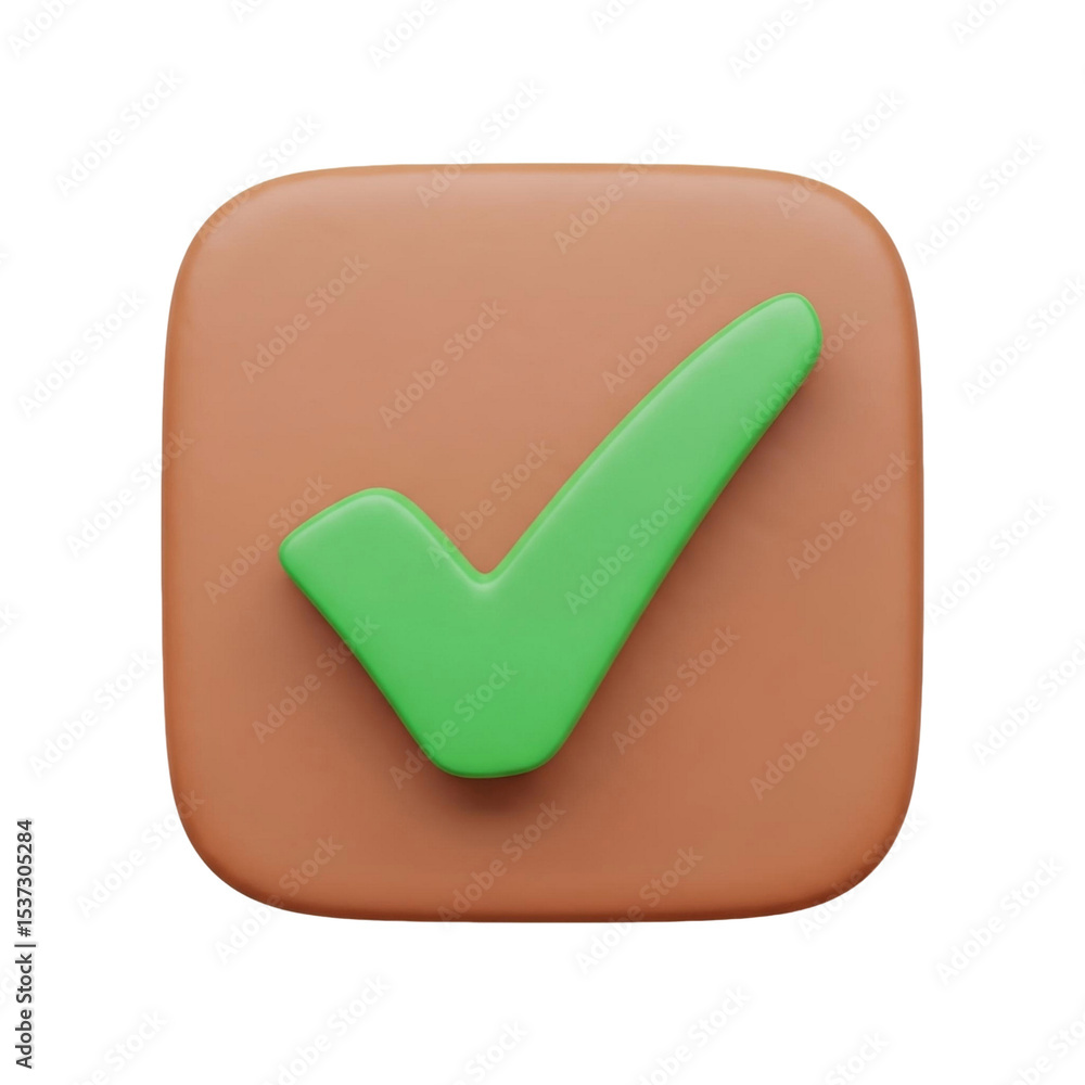 Aufkleber green check mark icon inside a rounded square shape with a tan or brown hue in a digital render on t