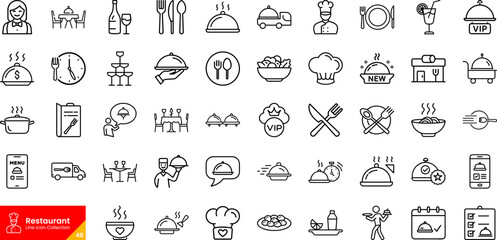 Restaurant Line Icons Set – Editable Food, Chef, Menu, Delivery Symbols