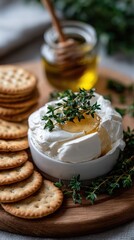 Creamy goat cheese topped with herbs and olive oil, paired with saltine crackers, beautifully arranged for a flavorful snack experience