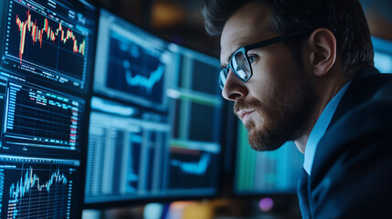Fototapeta premium Professional man analyzing stock market data on multiple screens in a modern office.