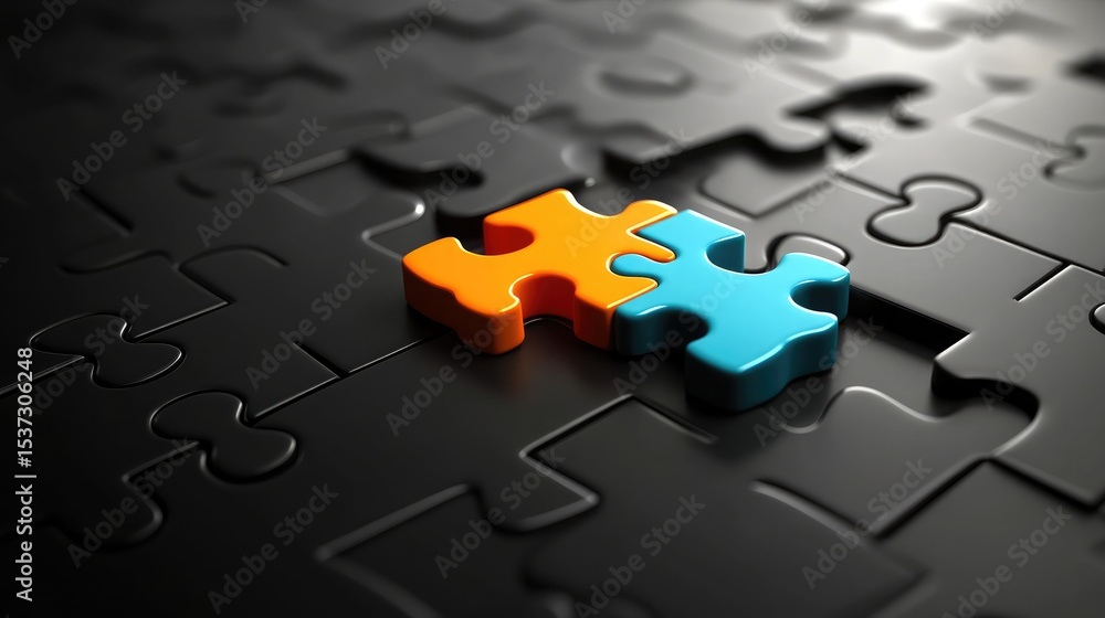 Poster monochrome puzzle with the only colorful piece locking into place, symbolizing uniqueness