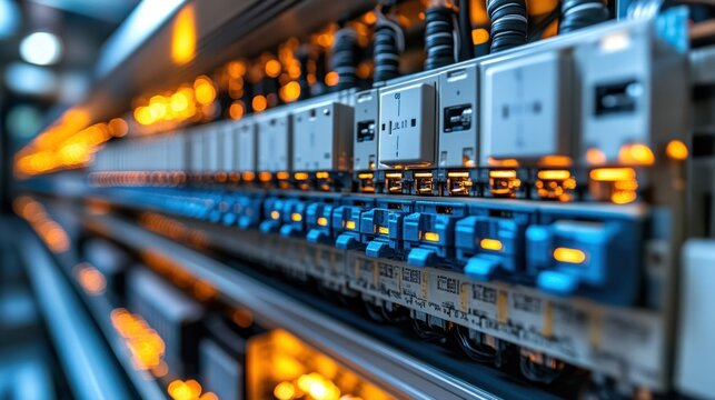 Close-up of industrial electrical panels with glowing components