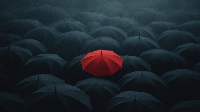 Red umbrella among black in rainy city, symbol of individuality and leadership - Powered by Adobe