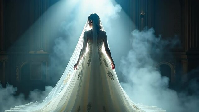the bride in a stunning dress, lit by soft backlighting, ethereal light and smoke. The mysterious atmosphere highlights the elegance and beauty of her moment.