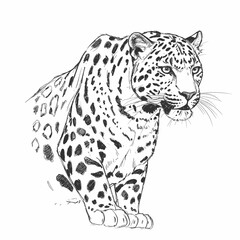 A leopard crouches powerfully with intricate spots across its body on a clean white background. The sketch highlights the animal's strength and detailed pattern.