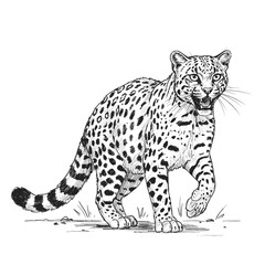 Amur Leopard – Panthera pardus orientali. Stunning leopard with spotted coat resting on solid ground. Wildlife nature concept. Illustrated in a detailed sketch resting on solid ground