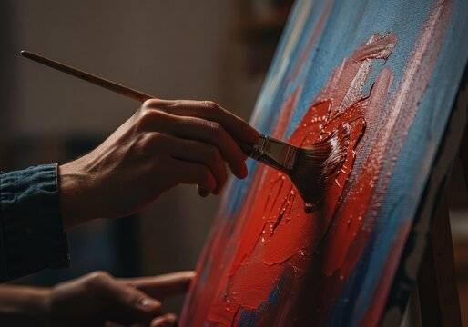 An artist is applying thick red paint to a blue canvas with a paintbrush, likely in an art studio while creating a piece of art.