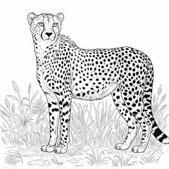 Title :
Asiatic Cheetah – Acinonyx jubatus venaticus. Cheetah stands gracefully with detailed spots in lush grassy field. Wildlife illustration concept