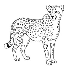 A cheetah stands gracefully with detailed spots across its body in a lush grassy field. The illustration captures the animal's elegance and the natural environment surrounding it.