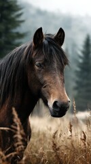 Obraz premium Majestic brown horse standing gracefully in a misty meadow among tall grasses and pine trees