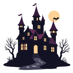 Spooky castle with turrets and moon in a dark night setting  