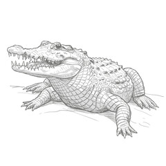 A powerful crocodile with an open mouth, illustrated in a detailed sketch showcasing its textured scales. The drawing emphasizes the reptile's strength and natural habitat, ideal for wildlife and natu