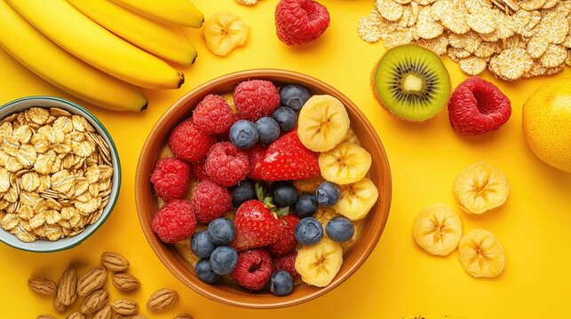 Beautifully styled breakfast flat lay with cereal bowl, fruit, and dried wheat
