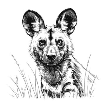 African Wild Dog in Grass Ink Sketch. African Wild Dog &ndash; Lycaon pictus. African wild dog sitting calmly among tall grasses with focused gaze. Wildlife concept