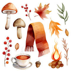 Cozy autumn watercolor set with scarf, mushrooms, hot tea, campfire and leaves