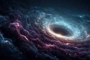 Colorful nebula-like spiral galaxy emitting glowing light in deep blue and purple