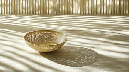 Fototapeta premium Golden bowl on a light beige surface with bamboo backdrop