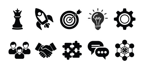 Business Strategy and Teamwork Icon Set in Solid Black Style – Leadership, Innovation, Goal, and Planning Symbols