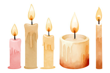 Burning candles watercolor set. Hand drawn illustration for calm and autumnal scenes