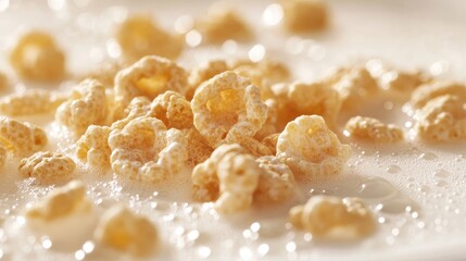 Cereal artfully scattered on clean table with tiny milk droplets in background