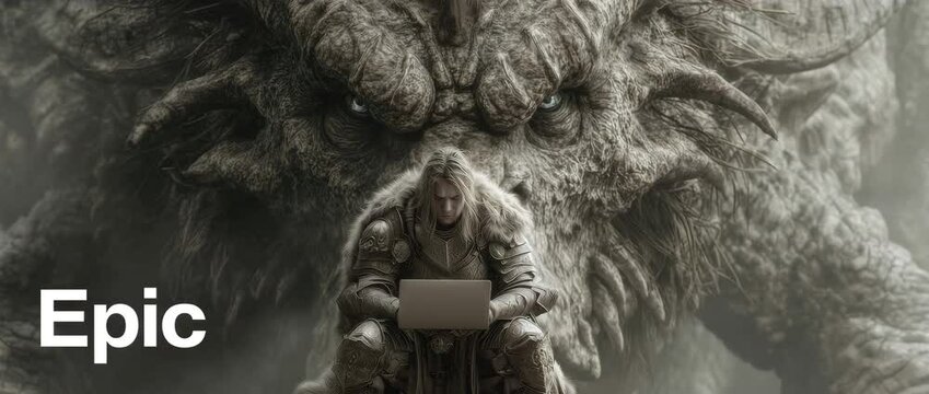 Fantasy warrior sits at laptop under giant dragon creature&rsquo;s gaze, epic framing with dark moody tones and surreal mythological contrast between technology and nature